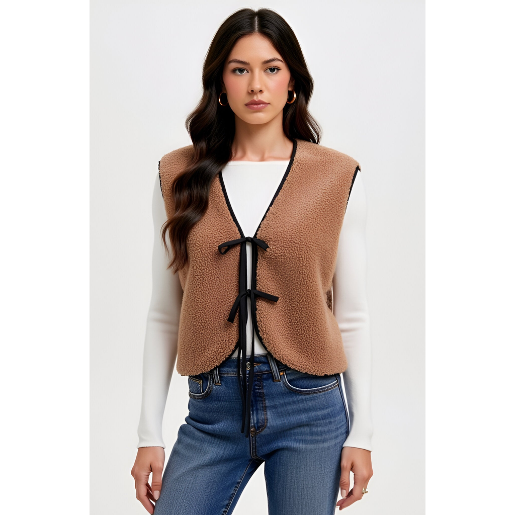 Modenaire Faux Shearling Contrast-trim Tie-front Vest In Brown