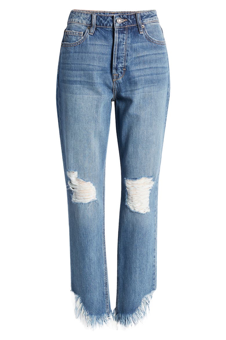 High Waist Fray Hem Ankle Mom Jeans, Alternate, color, MEDIUM WASH
