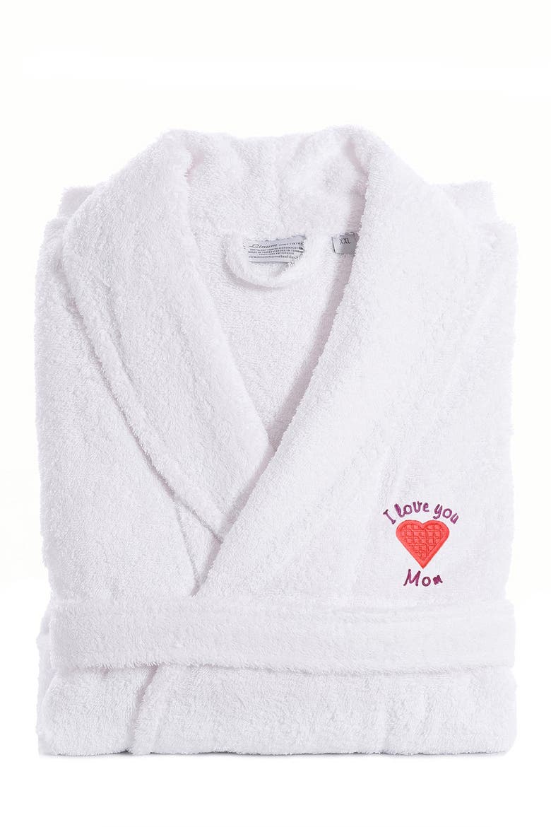 'I Love You Mom' Embroidered White Terry Bathrobe, Alternate, color, WHITE