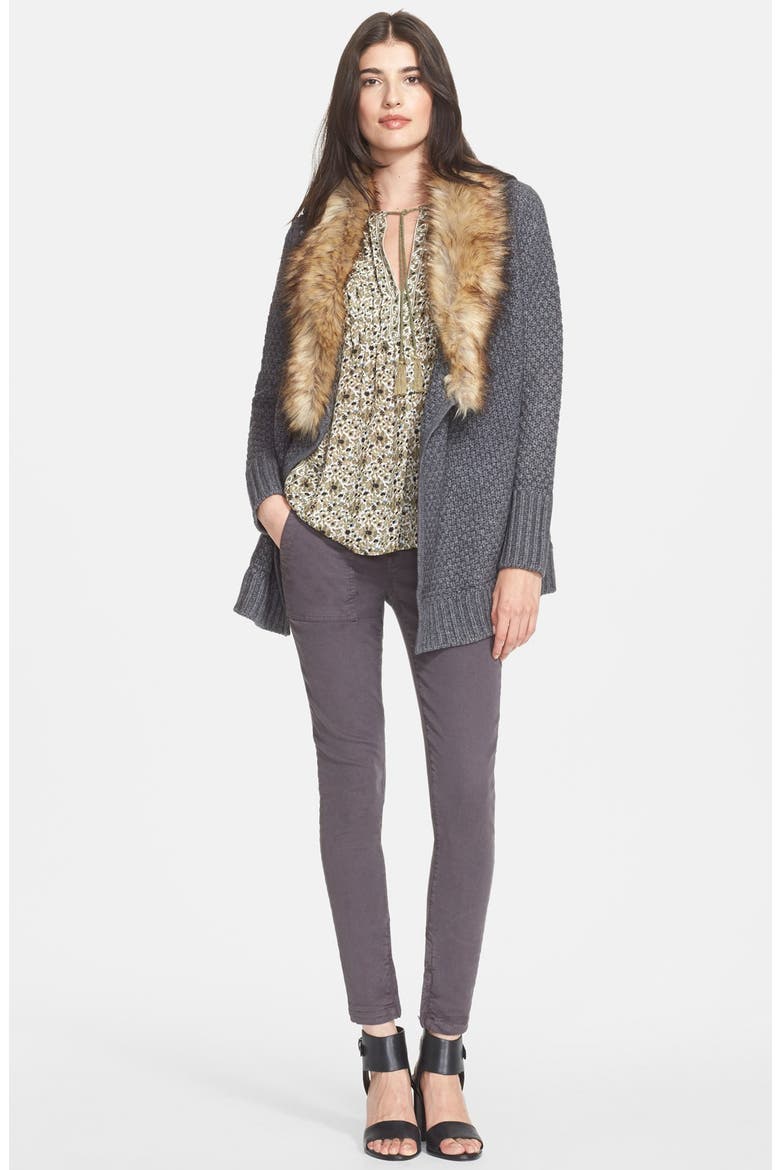 'Jamilee C' Faux Fur Collar Wool Cardigan, Alternate, color, HEATHER GREY/ WARM NATURAL
