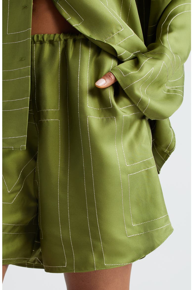 Monogram Embroidered Silk Shorts, Alternate, color, LAUREL