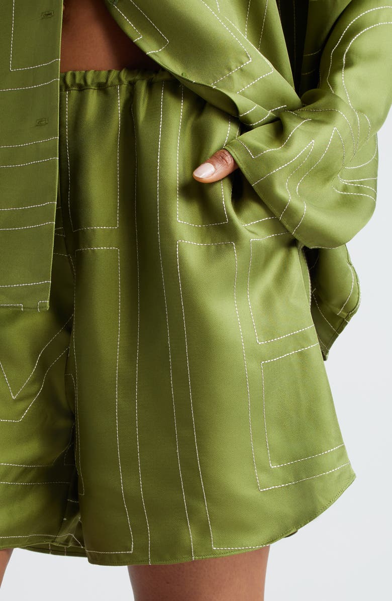 TOTEME Monogram Embroidered Silk Shorts, Alternate, color,