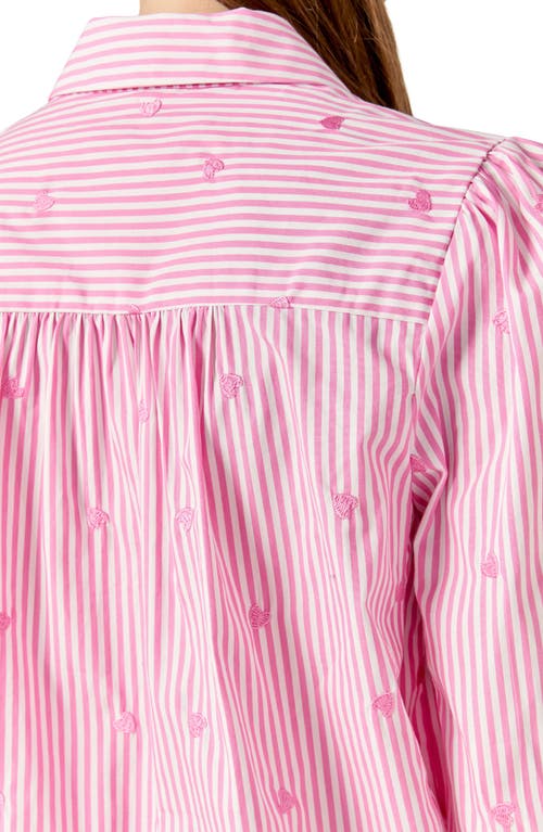 English Factory Heart Embroidery Stripe Cotton Button-up Shirt In Pink/white