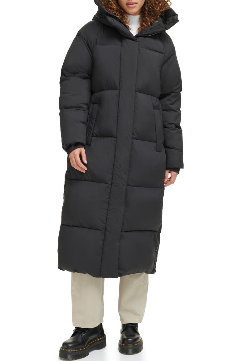 Side Zip Hooded Maxi Puffer Jacket, Alternate, color, BLACK