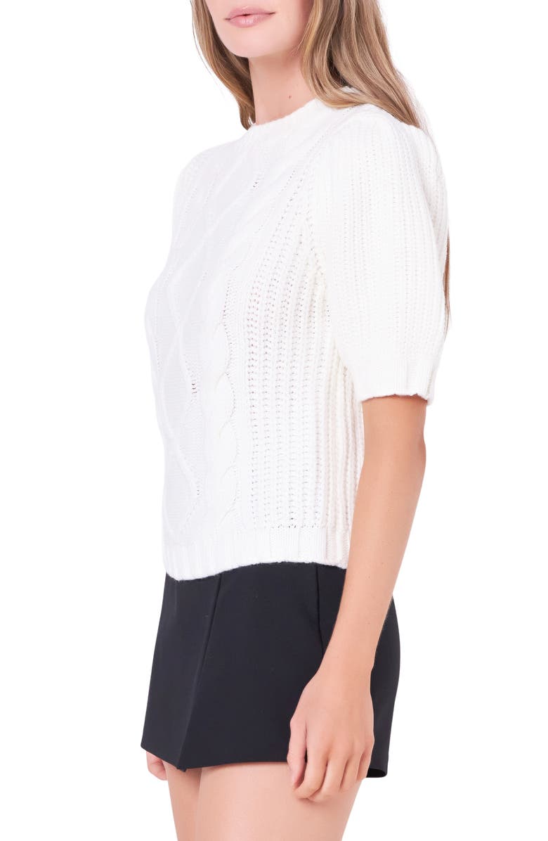 English Factory Cable Stitch Puff Sleeve Sweater, Alternate, color, Cream