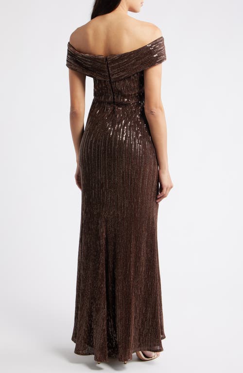 Eliza J Sequin Twist Off The Shoulder Gown In Brown