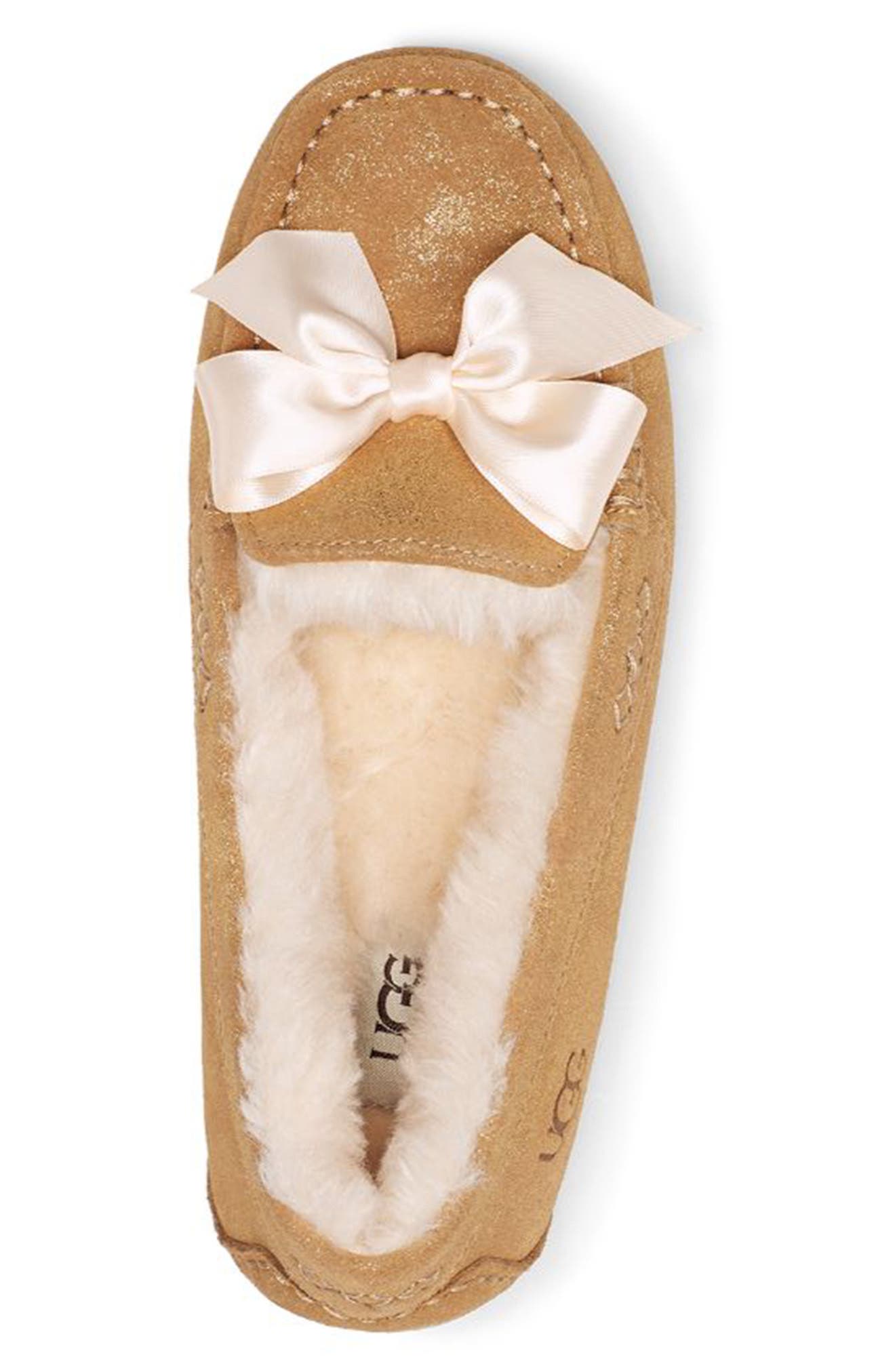 UGG Ansley Bow Glimmer Faux Fur Lined Slipper, Alternate, color, CHESTNUT