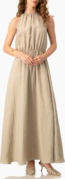 IVONNE Sleeveless Crinkle Halter Maxi Dress with Cinched Waist A-Line
