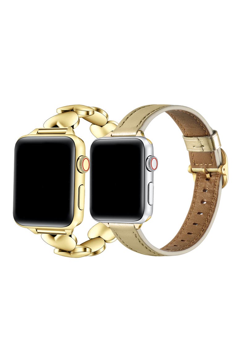 Carmen Lover 2-Pack Heart Link & Leather Apple Watch® Watchbands, Alternate, color, GOLD