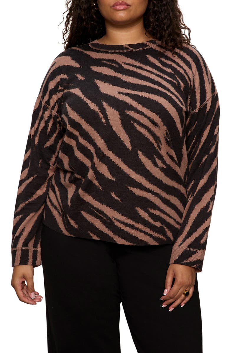 Sanctuary Zebra Stripe Crewneck Sweater, Main, color, Abstract Brown