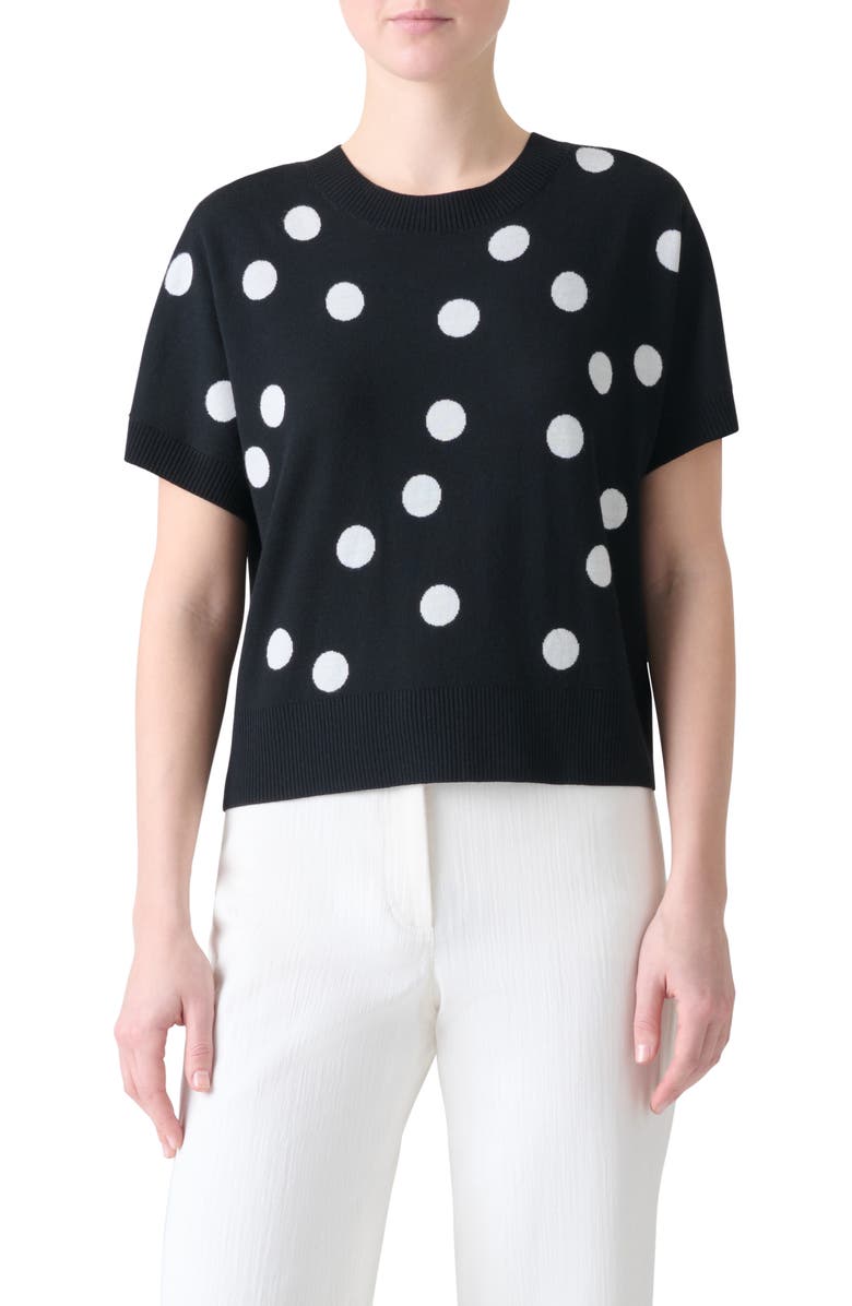Akris punto Polka Dot Short Sleeve Wool Sweater, Main, color, Black-Cream