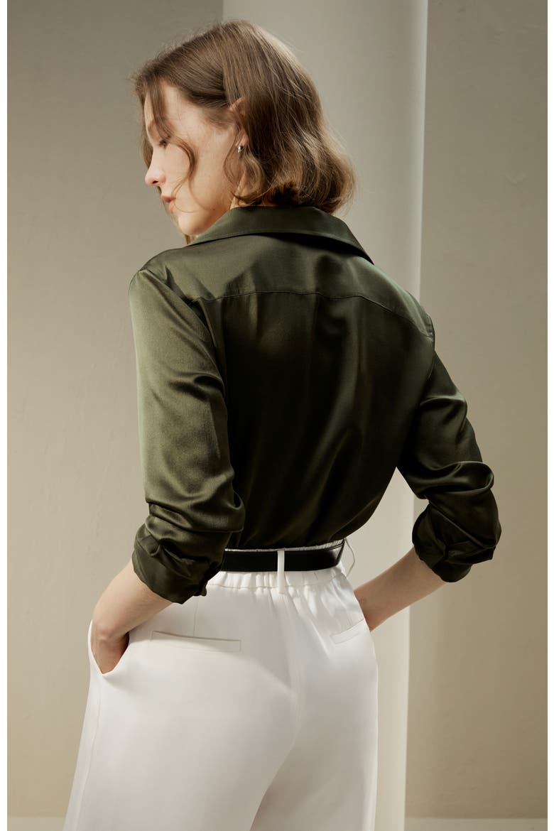 Women's Tailored Button Down Silk Shirt, Alternate, color, Dark olive