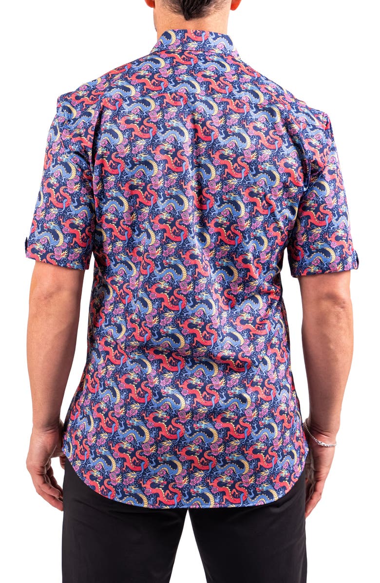 Maceoo Galileo Resistance2210 Black Dragon Print Short Sleeve Cotton Button-Up Shirt, Alternate, color, 