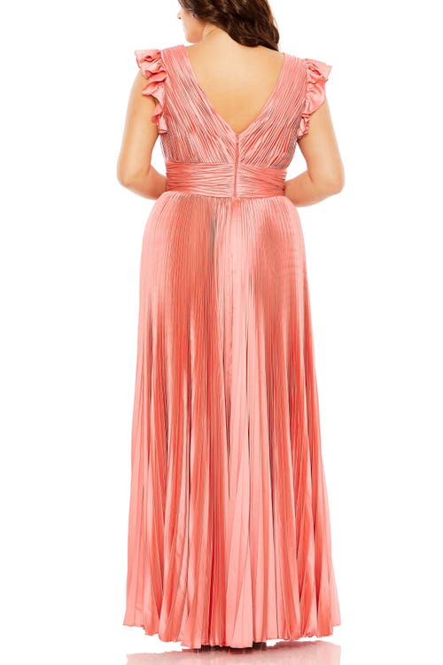 Mac Duggal Flutter Sleeve Pleated V-neck Gown In Coral