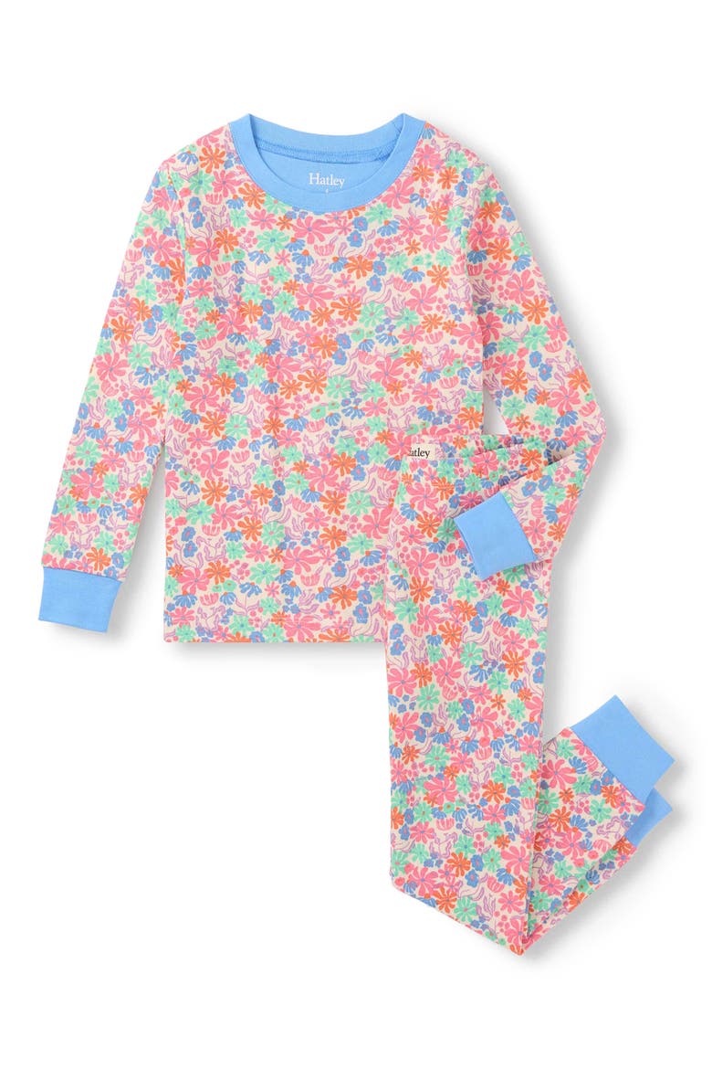 Kids' Whimsical Flowers Fitted Two-Piece Pajamas, Main, color, BLUE