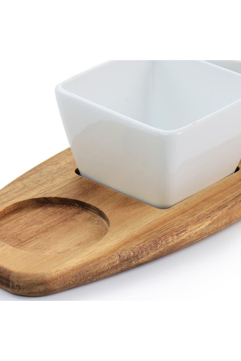 Gracious Dining 4 Piece Fine Ceramic Tidbit Dish Set with Acacia Wood Base, Alternate, color, White