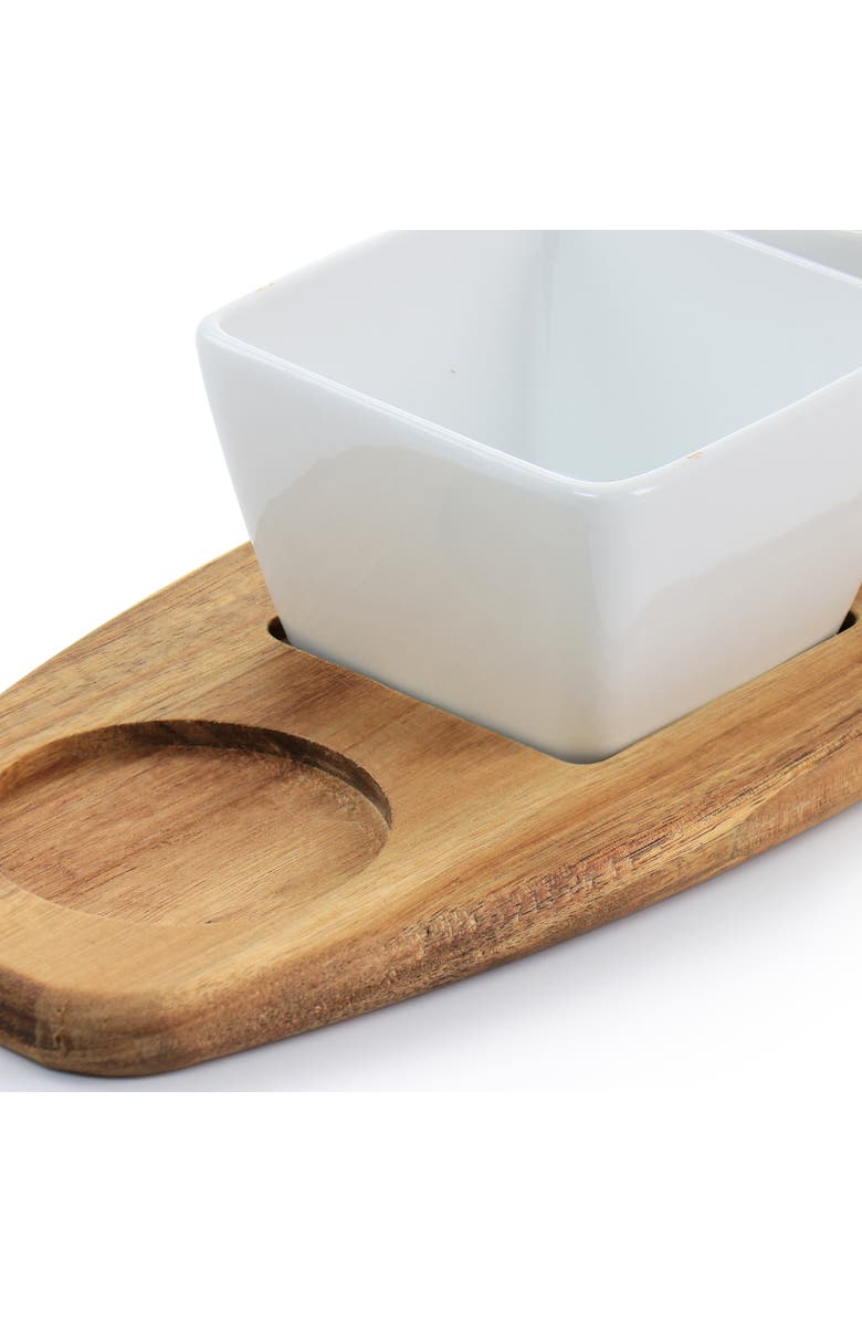 Gibson Elite Gracious Dining 4 Piece Fine Ceramic Tidbit Dish Set with Acacia Wood Base, Alternate, color, White