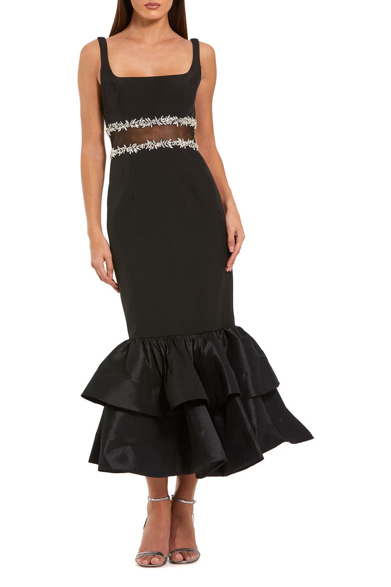 Women’s Crepe Midi Dress with Jewel Detail & Ruffle Hem, Main, color, Black