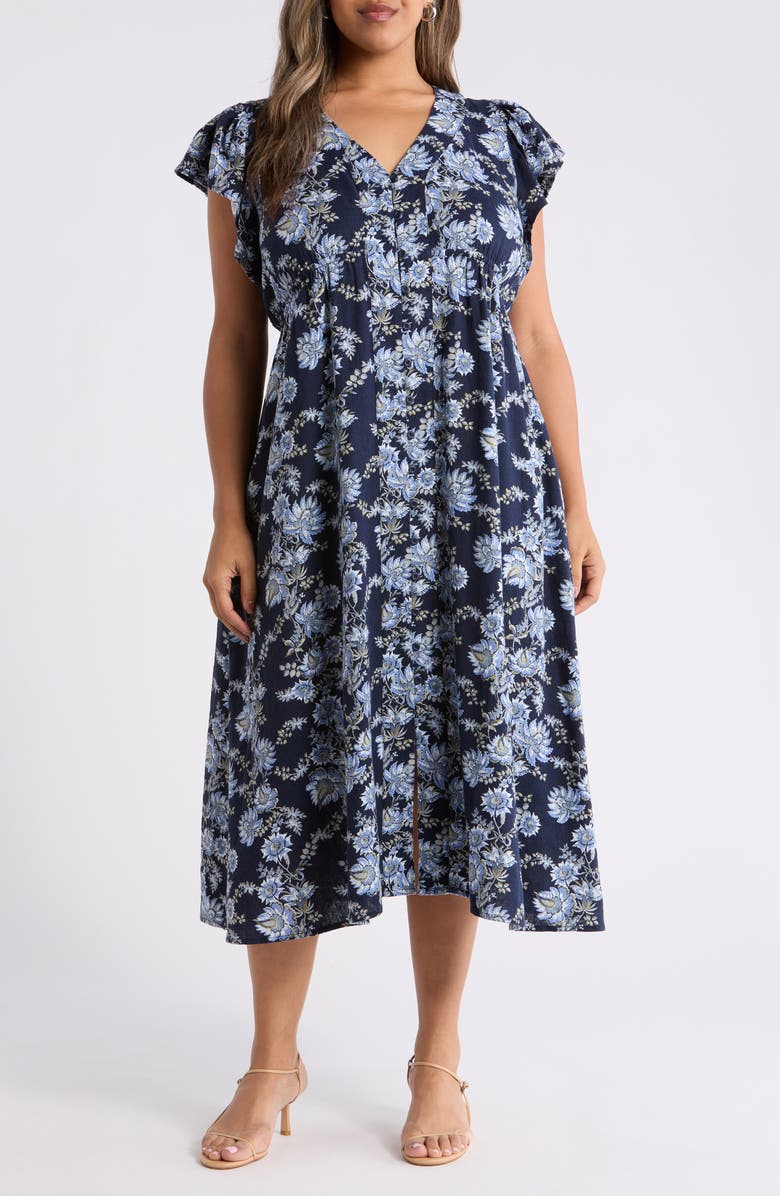 Treasure & Bond Short Sleeve Button Down Linen Blend Midi Dress, Main, color,