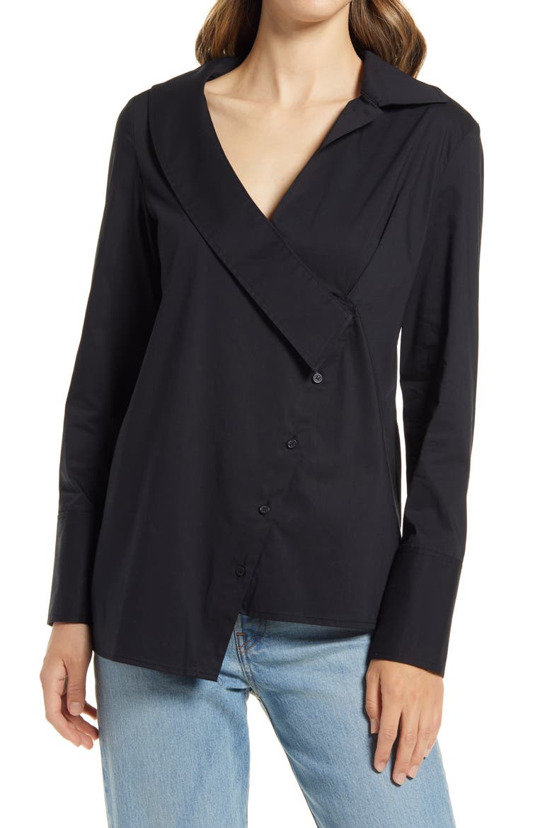 Asymmetric Button-Up Blouse, Main, color, BLACK