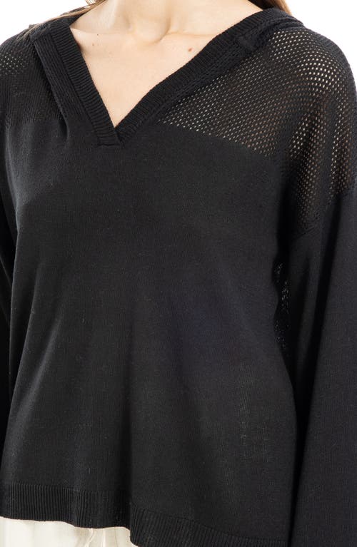Max Studio Pointelle Hooded Sweater In Black