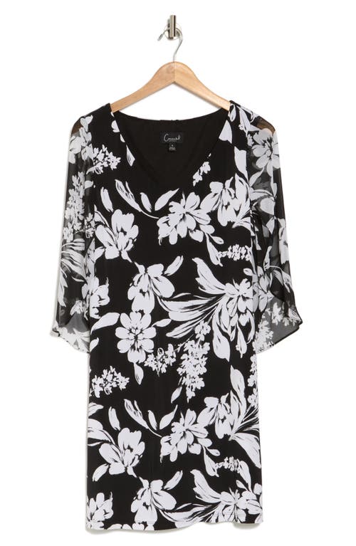 Connected Apparel Floral Chiffon Sleeve A-line Dress In Black