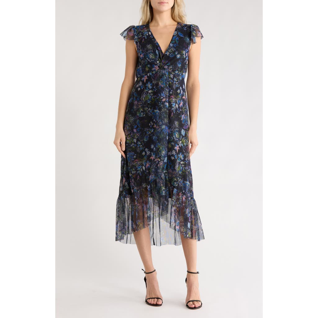 Lovestitch Floral Cap Sleeve Empire Waist High-low Midi Dress In Black