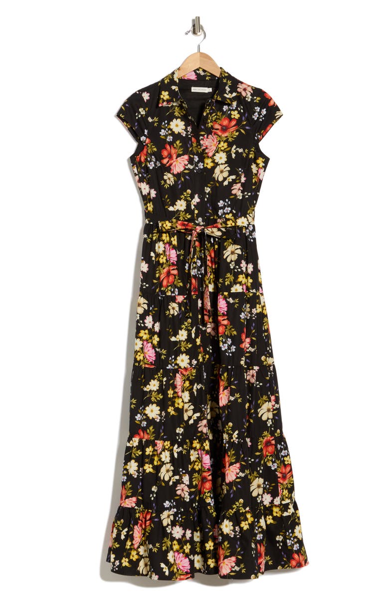 Avec Les Filles Floral Cap Sleeve Cotton Shirtdress, Main, color, Black Flower Press