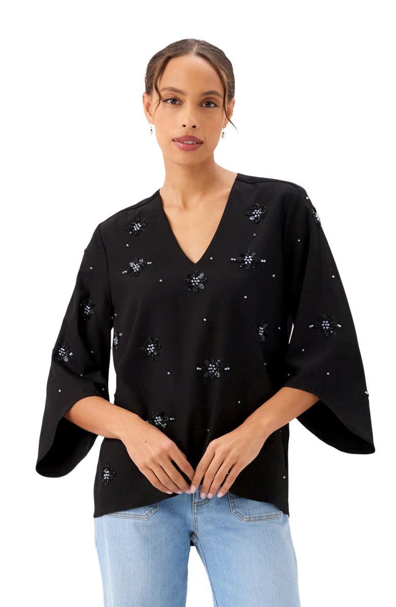 Karen Kane Embellish Asymmetric Top, Alternate, color, Black