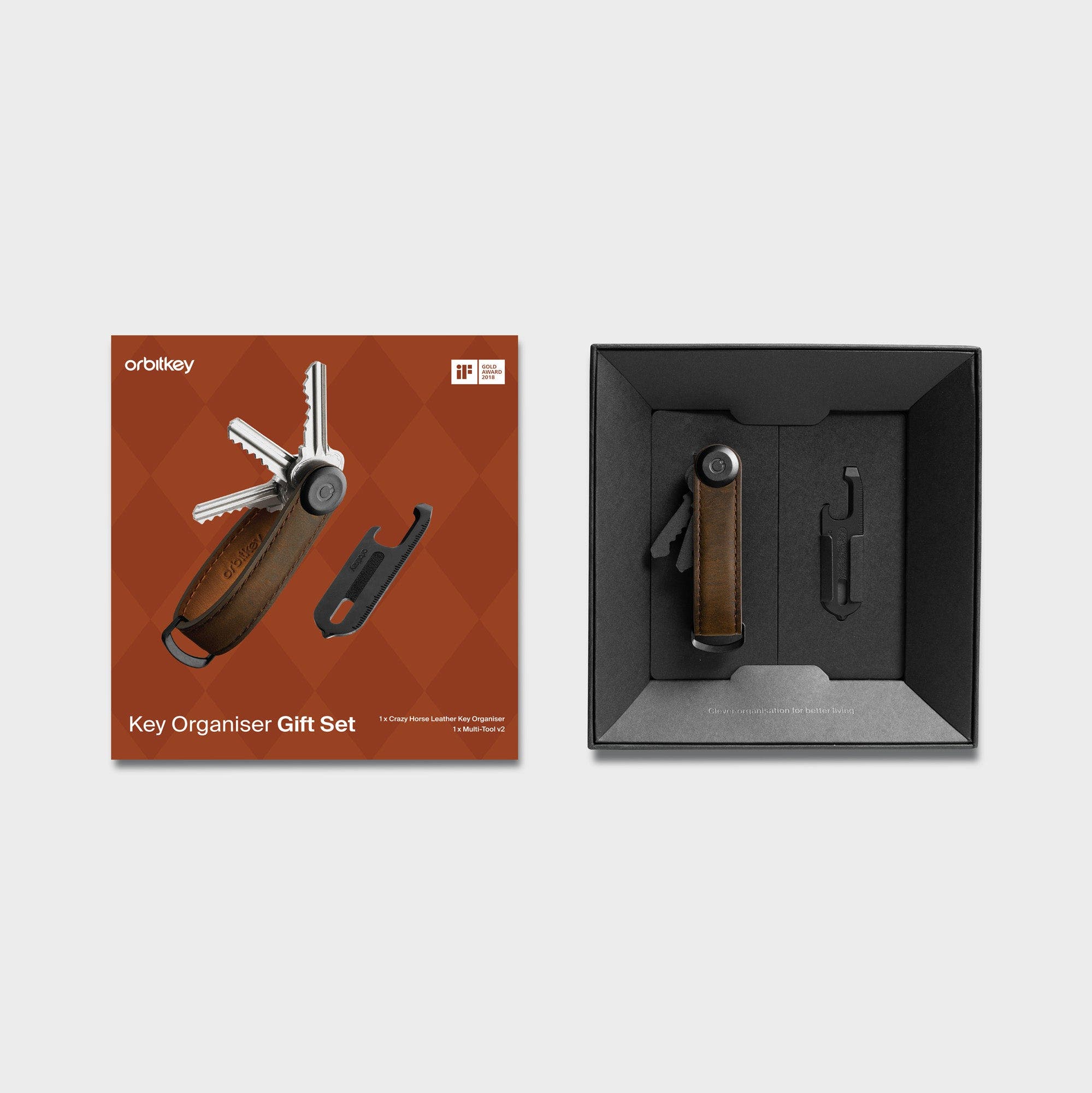 Orbitkey CrazyHorse Key Organiser + Multitool v2 Set, Alternate, color, Oak Brown