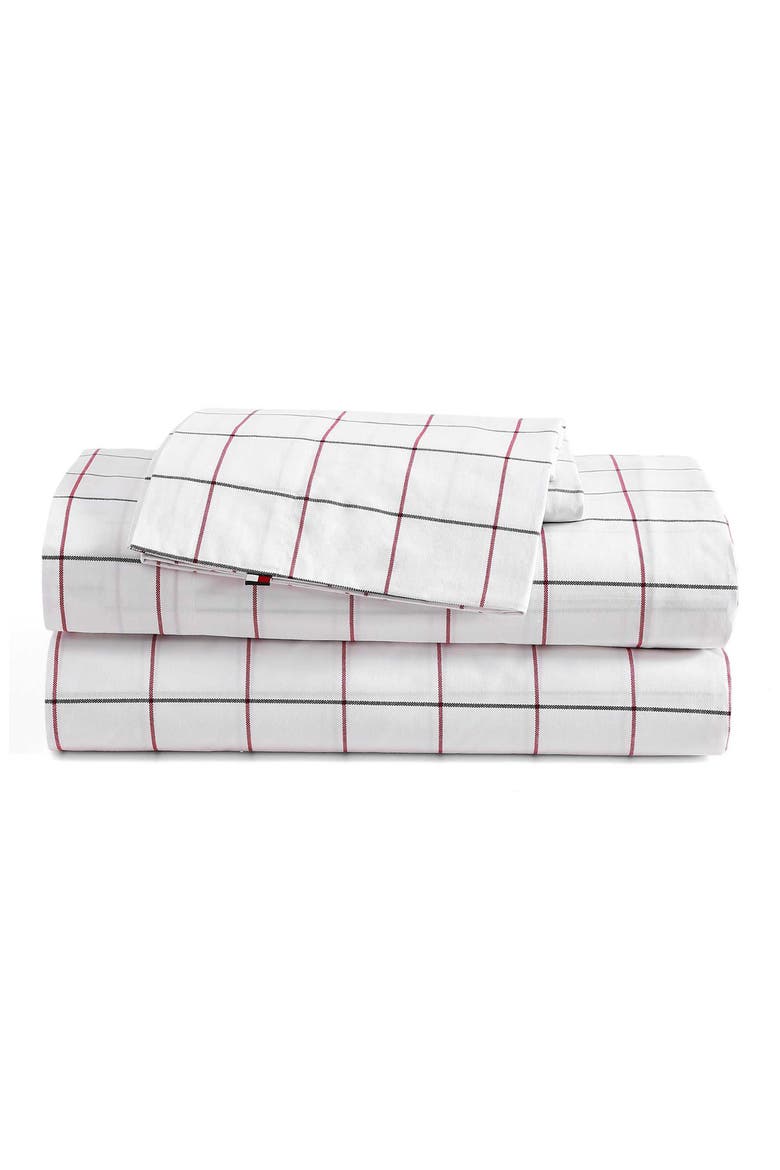 Glasgow Windowpane Cotton Percale Sheet Set, Main, color, WHITE/DARK BLUE/RED