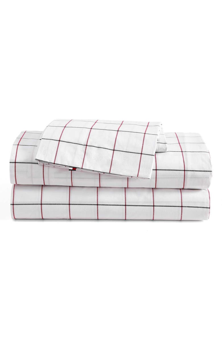 Tommy Hilfiger Glasgow Windowpane Cotton Percale Sheet Set, Main, color, White/Dark Blue/Red