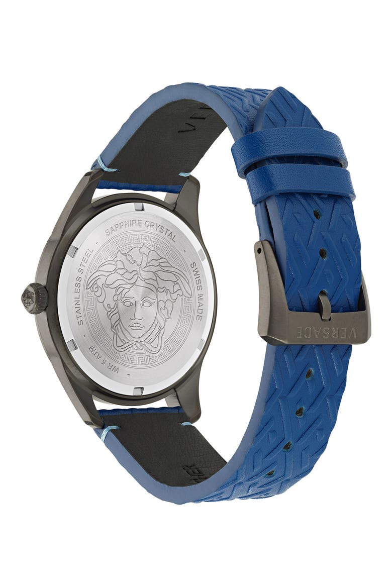 Greca Time Leather Strap Watch, 41mm, Alternate, color, GUN/ BLUE