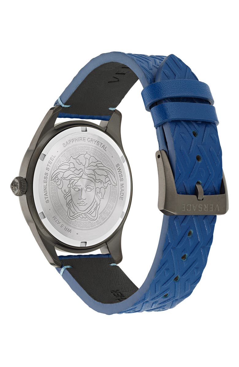Versace Greca Time Leather Strap Watch, 41mm, Alternate, color, Gun/ Blue