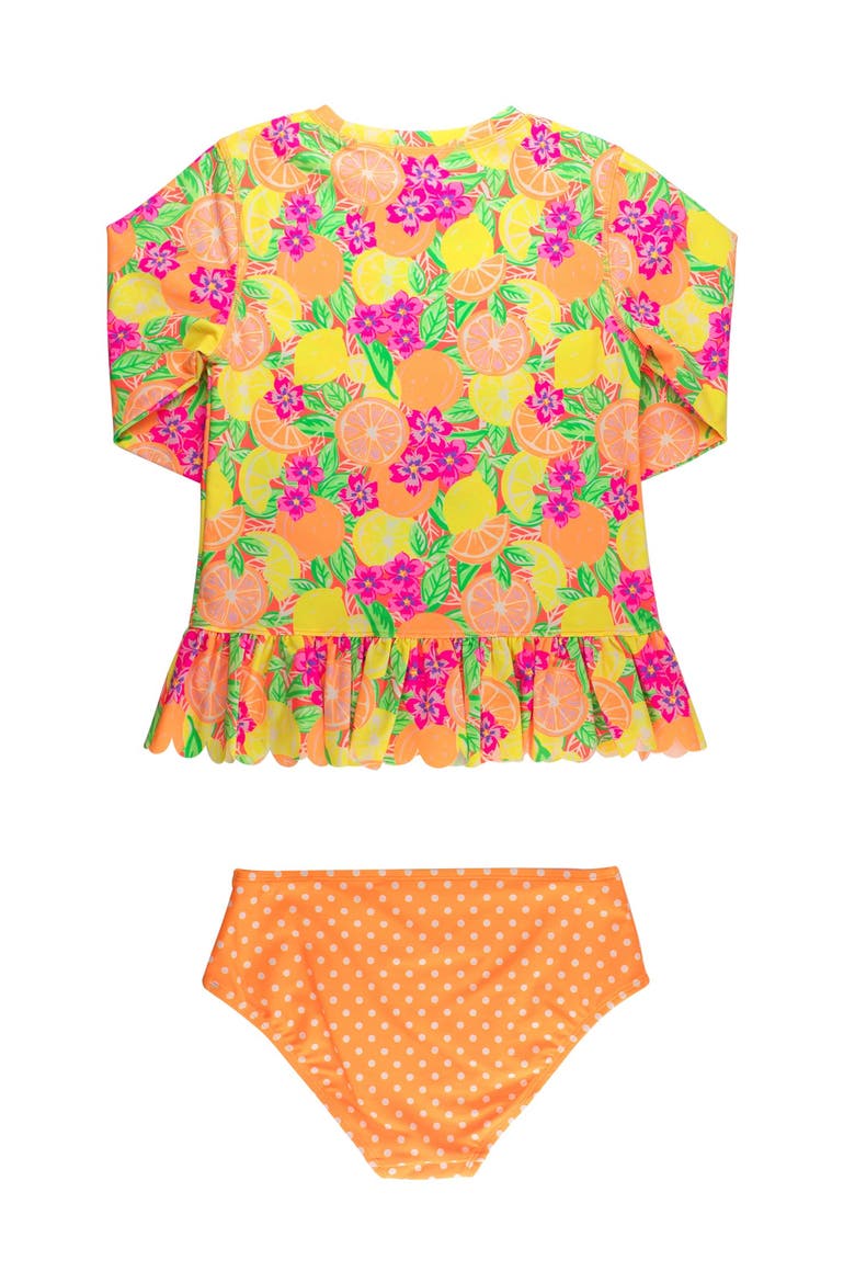 Scallop Hem Long Sleeve Rash Guard 2-Piece Bikini Swimsuit, Alternate, color, Neon Squeeze the Day
