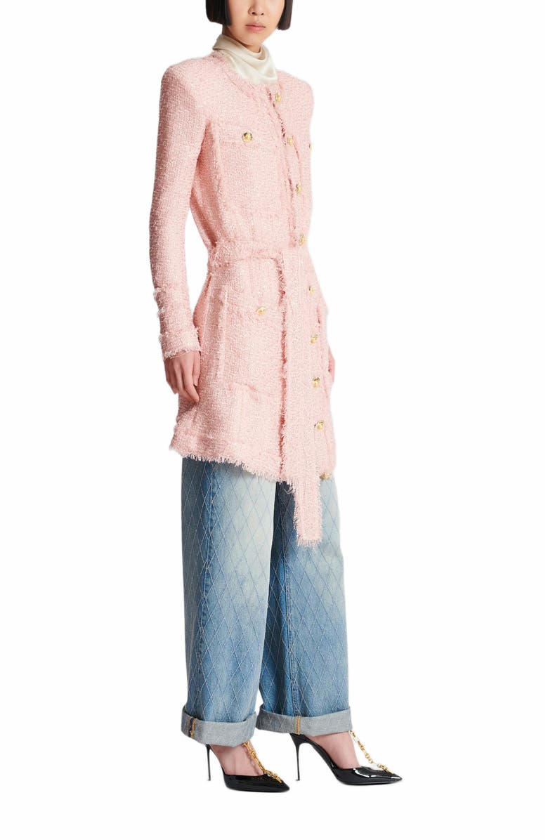 Balmain Sequinned Tweed Edge-To-Edge Jacket, Main, color, Pink