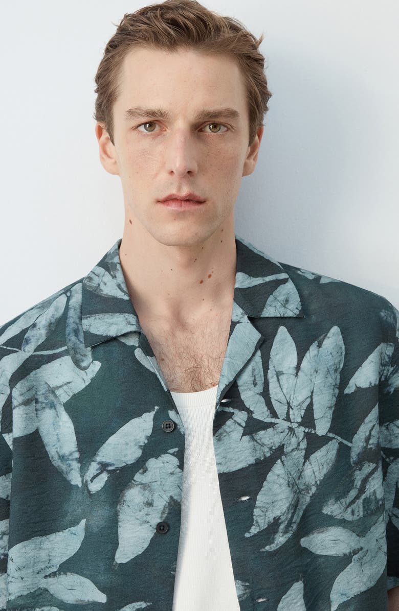 MANGO Tropical Print Camp Shirt, Alternate, color, Emerald Green