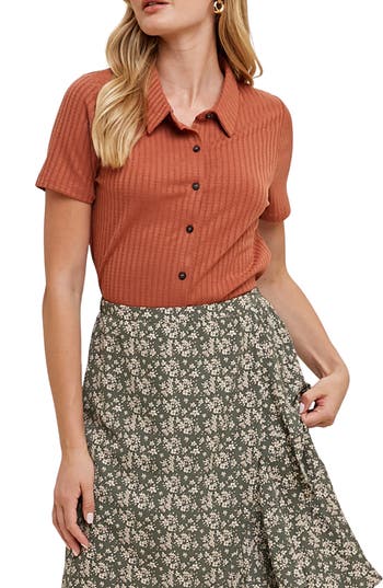 Wishlist Rib Knit Button-up Shirt In Orange