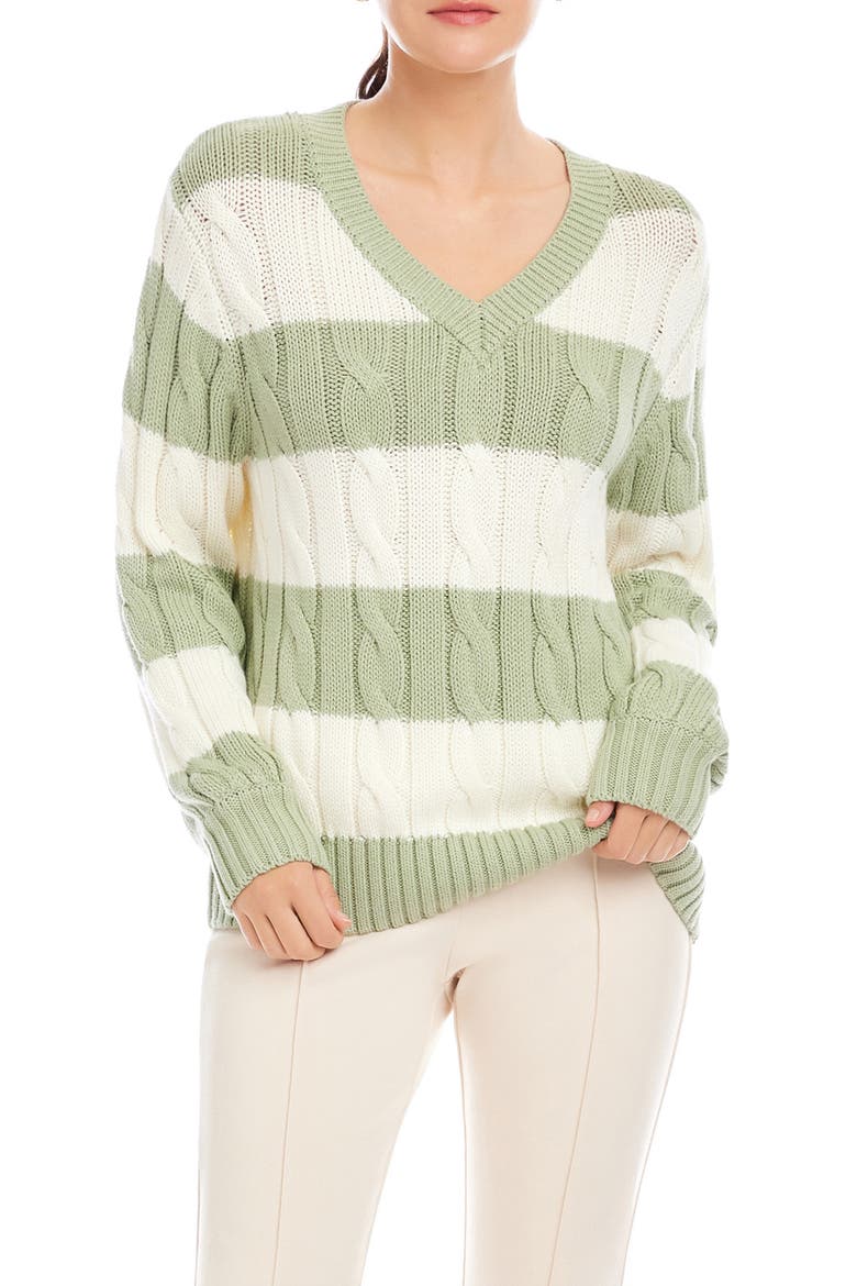 Avalee Stripe Cable Knit Sweater, Main, color, SAGE/ CREAM