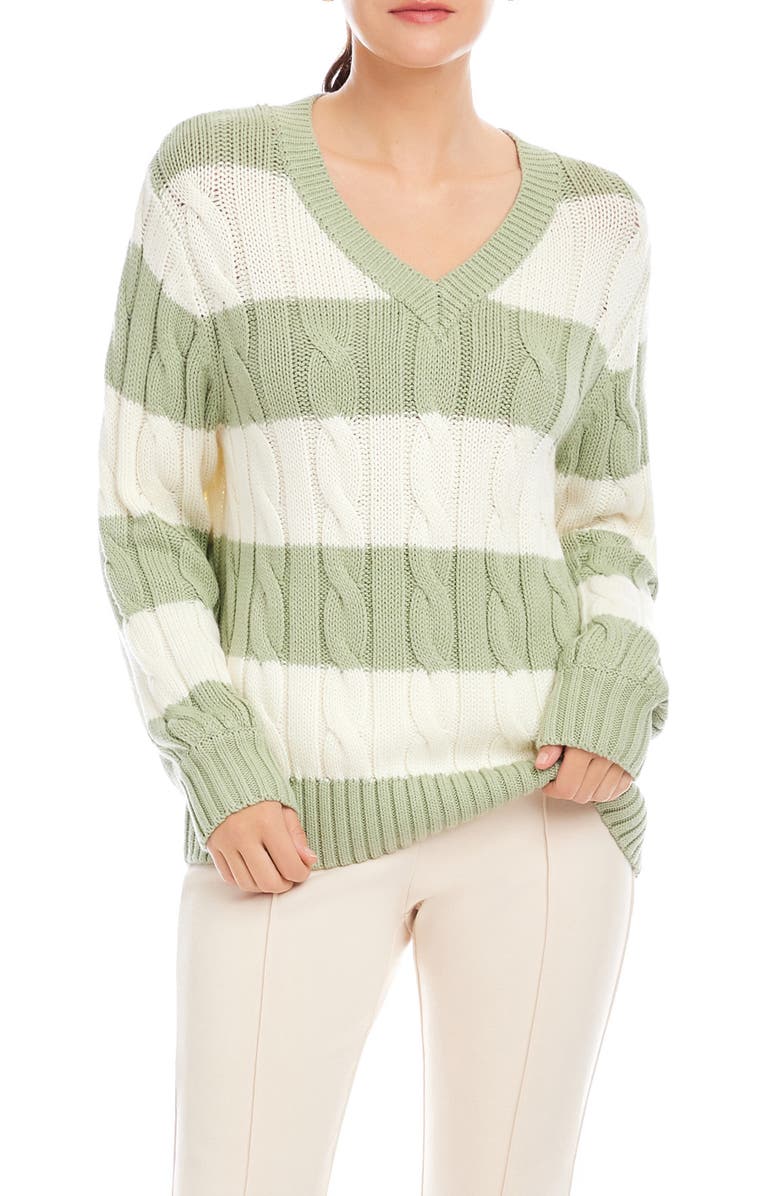 FIFTEEN TWENTY Avalee Stripe Cable Knit Sweater, Main, color, Sage/ Cream