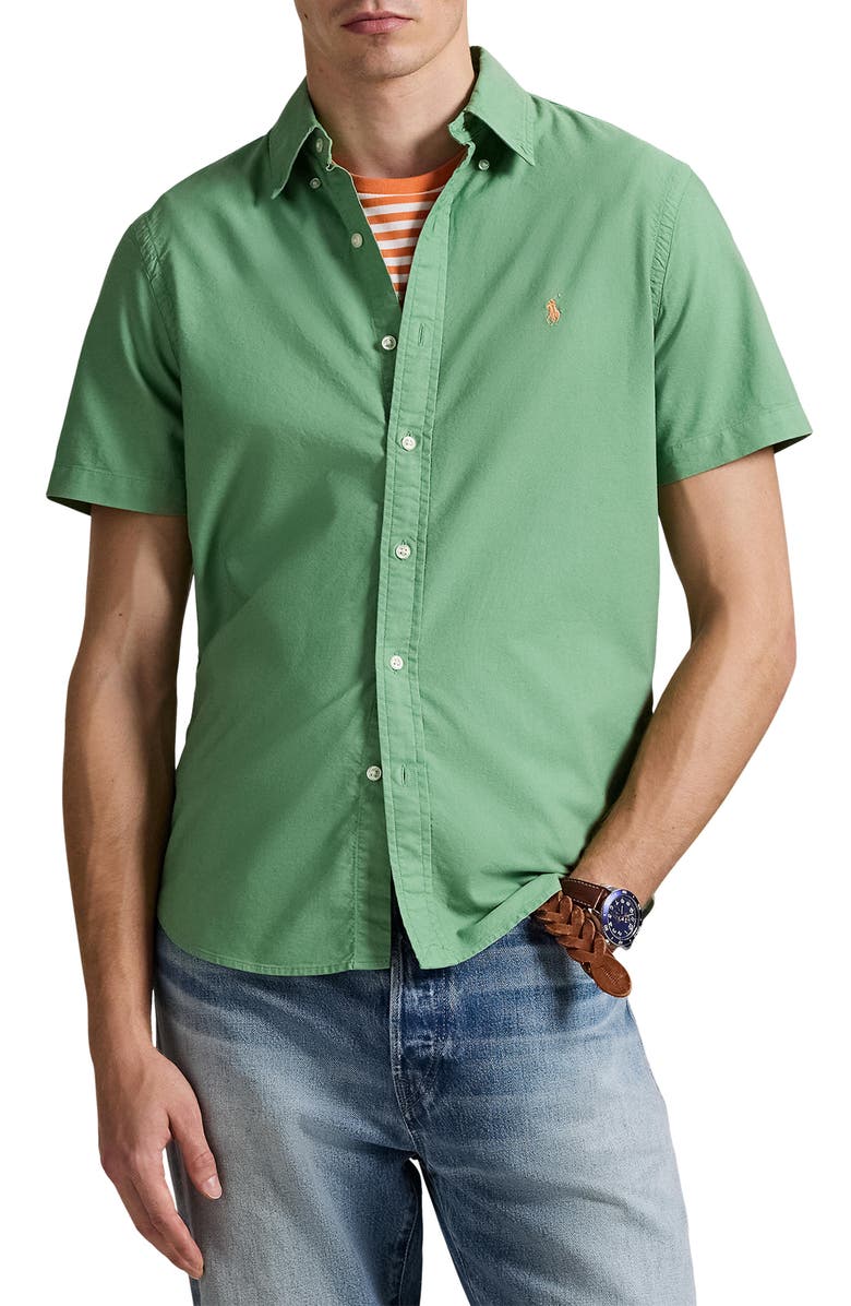 Polo Ralph Lauren Classic Oxford Short Sleeve Button-Down Shirt, Main, color, Outback Green