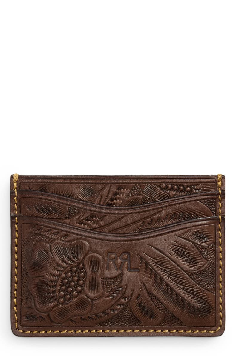 Double RL Tooled Leather Card Case, Main, color, Brown