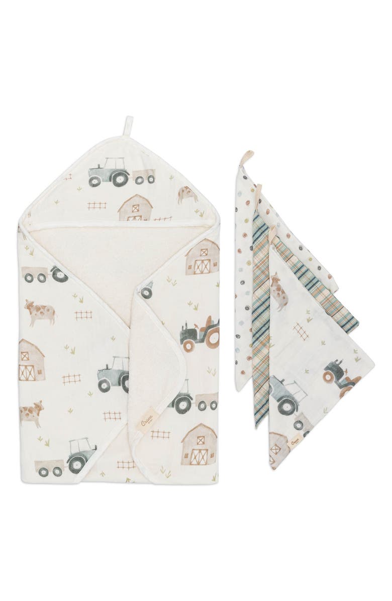 CRANE BABY Tractor Assorted 3-Pack Washcloth & Hooded Bath Towel Set, Alternate, color, Beige