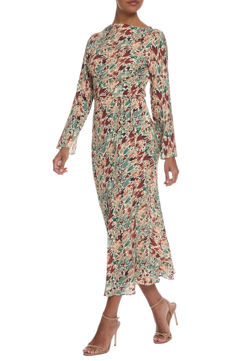 Long Sleeve Tie Waist Maxi Dress, Alternate, color, GREEN/ TAN