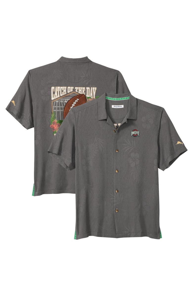 Tommy Bahama Men's Tommy Bahama Gray Ohio State Buckeyes Catch of the Day Camp IslandZone Button-Up Shirt, Main, color, Gray
