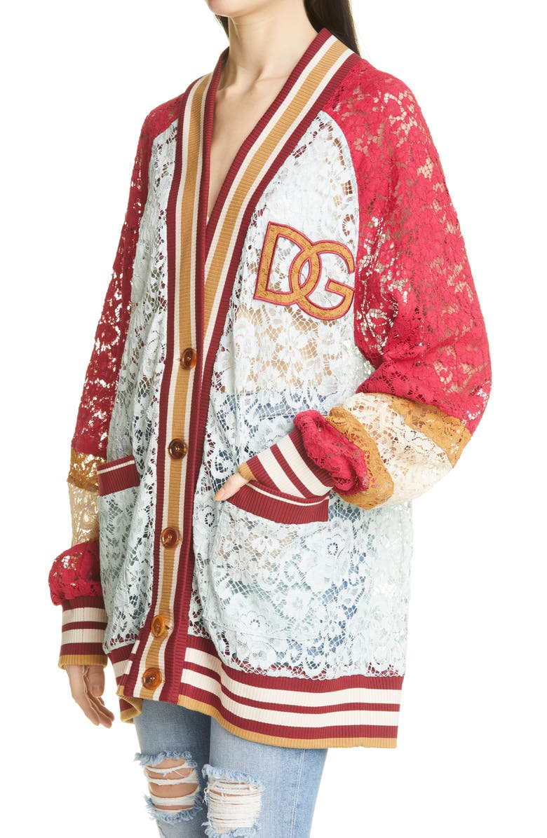 Dolce&Gabbana Logo Oversize Colorblock Lace Varsity Cardigan, Alternate, color, 