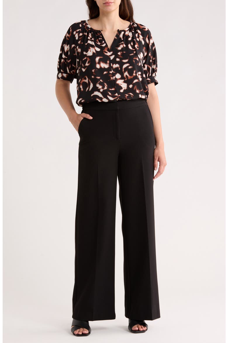 Gathered Neck Puff Sleeve Top, Main, color, BLACK- IVORY FLORAL CAMO