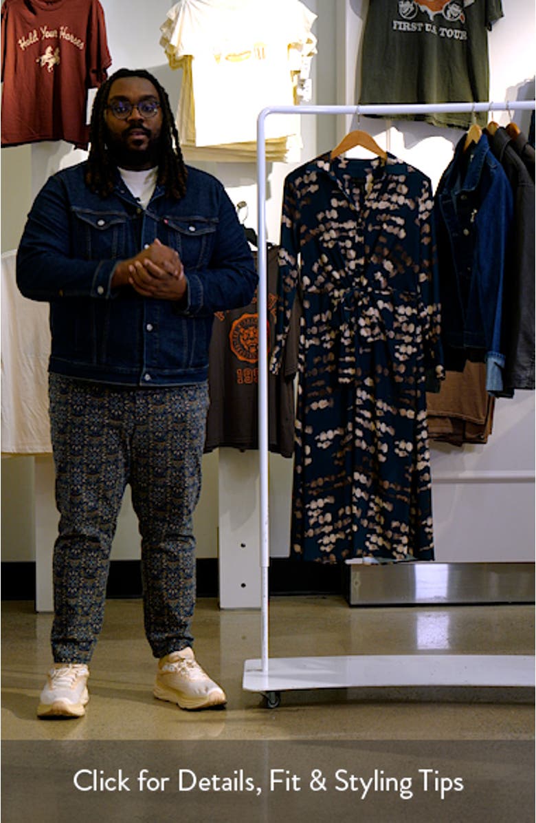 Abstract Long Sleeve Tie Front Stretch Satin Shirtdress, sales video thumbnail