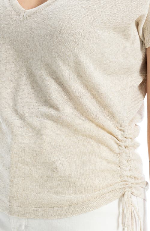 Max Studio Side Ruched Short Sleeve V-neck Sweater In White