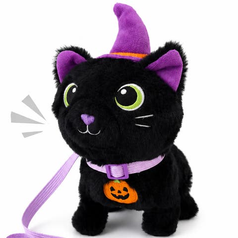 Interactive Cat Plush Toy with Leash, 7 Inch Halloween Walking Cat Plushie Toys with Sounds & Twitching Ears, Stuffed Animal Holiday Gift